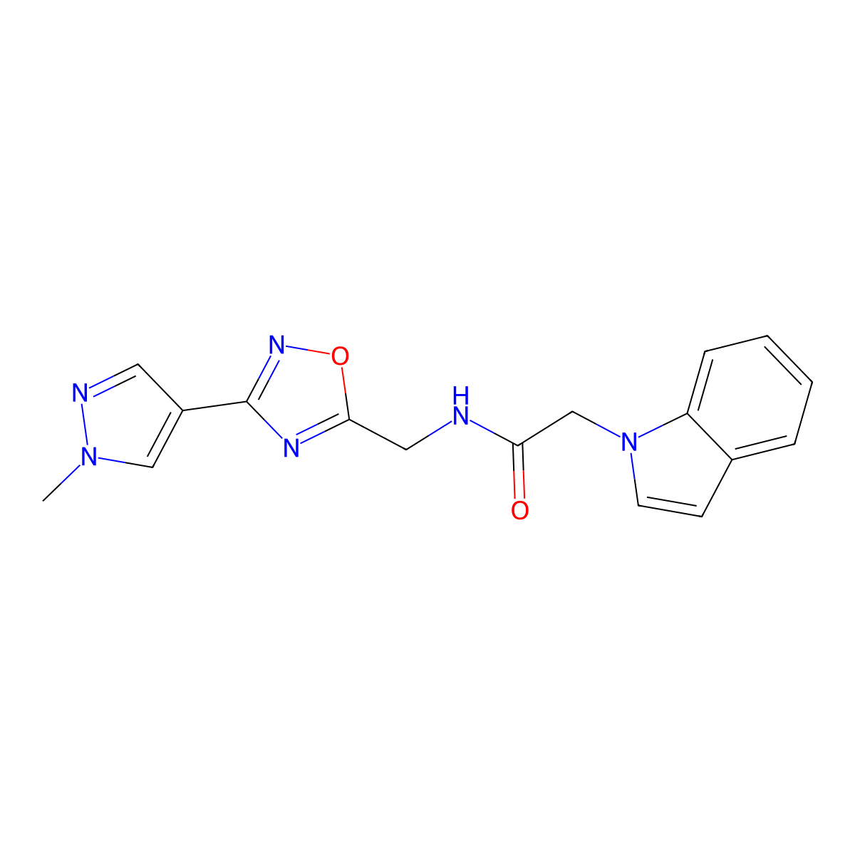 2-(1H-indol-1-yl)-N-((3-(1-methyl-1H-pyrazol-4-yl)-1,2,4-oxadiazol-5-yl)methyl)acetamide molecular structure, CAS 2034521-01-0