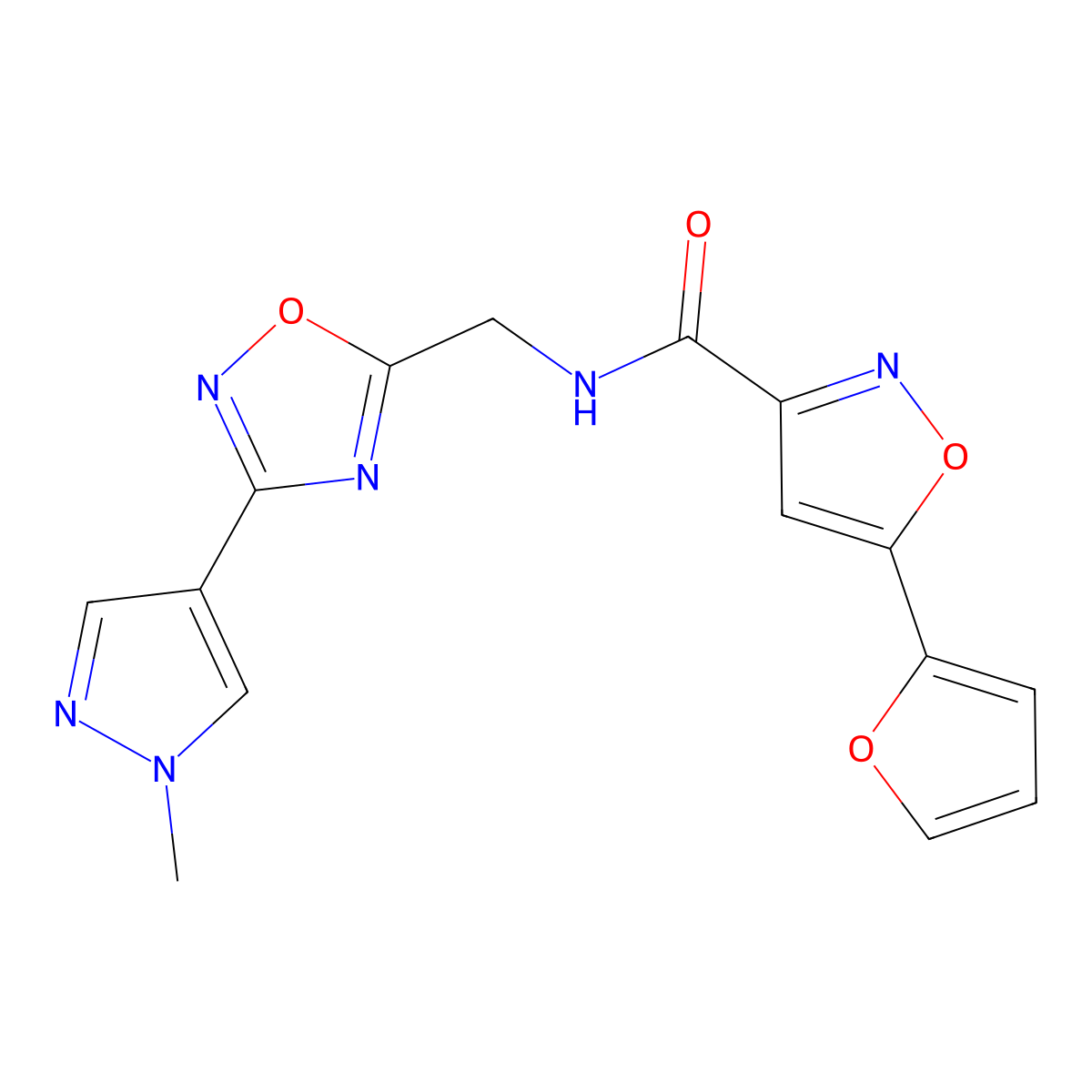 5-(furan-2-yl)-N-((3-(1-methyl-1H-pyrazol-4-yl)-1,2,4-oxadiazol-5-yl)methyl)isoxazole-3-carboxamide molecular structure, CAS 2034521-04-3