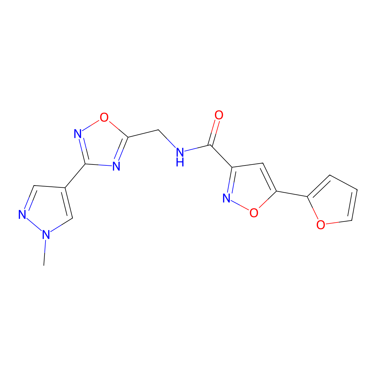 5-(furan-2-yl)-N-((3-(1-methyl-1H-pyrazol-4-yl)-1,2,4-oxadiazol-5-yl)methyl)isoxazole-3-carboxamide molecular structure, CAS 2034521-04-3