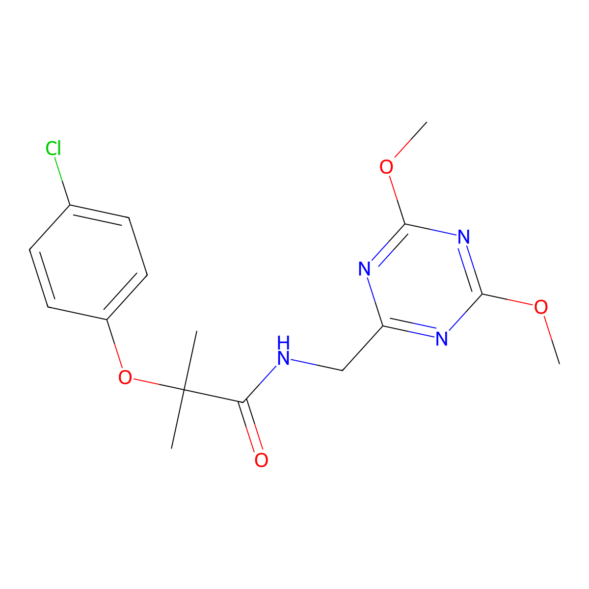 2-(4-chlorophenoxy)-N-[(4,6-dimethoxy-1,3,5-triazin-2-yl)methyl]-2-methylpropanamide molecular structure, CAS 2034521-06-5