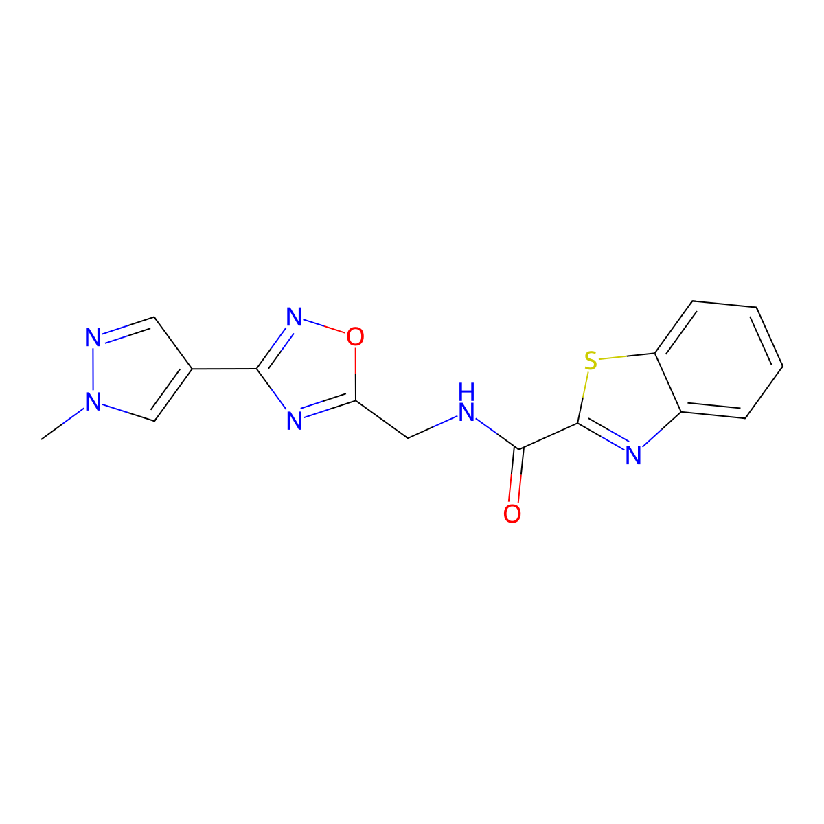 N-((3-(1-methyl-1H-pyrazol-4-yl)-1,2,4-oxadiazol-5-yl)methyl)benzo[d]thiazole-2-carboxamide molecular structure, CAS 2034521-07-6