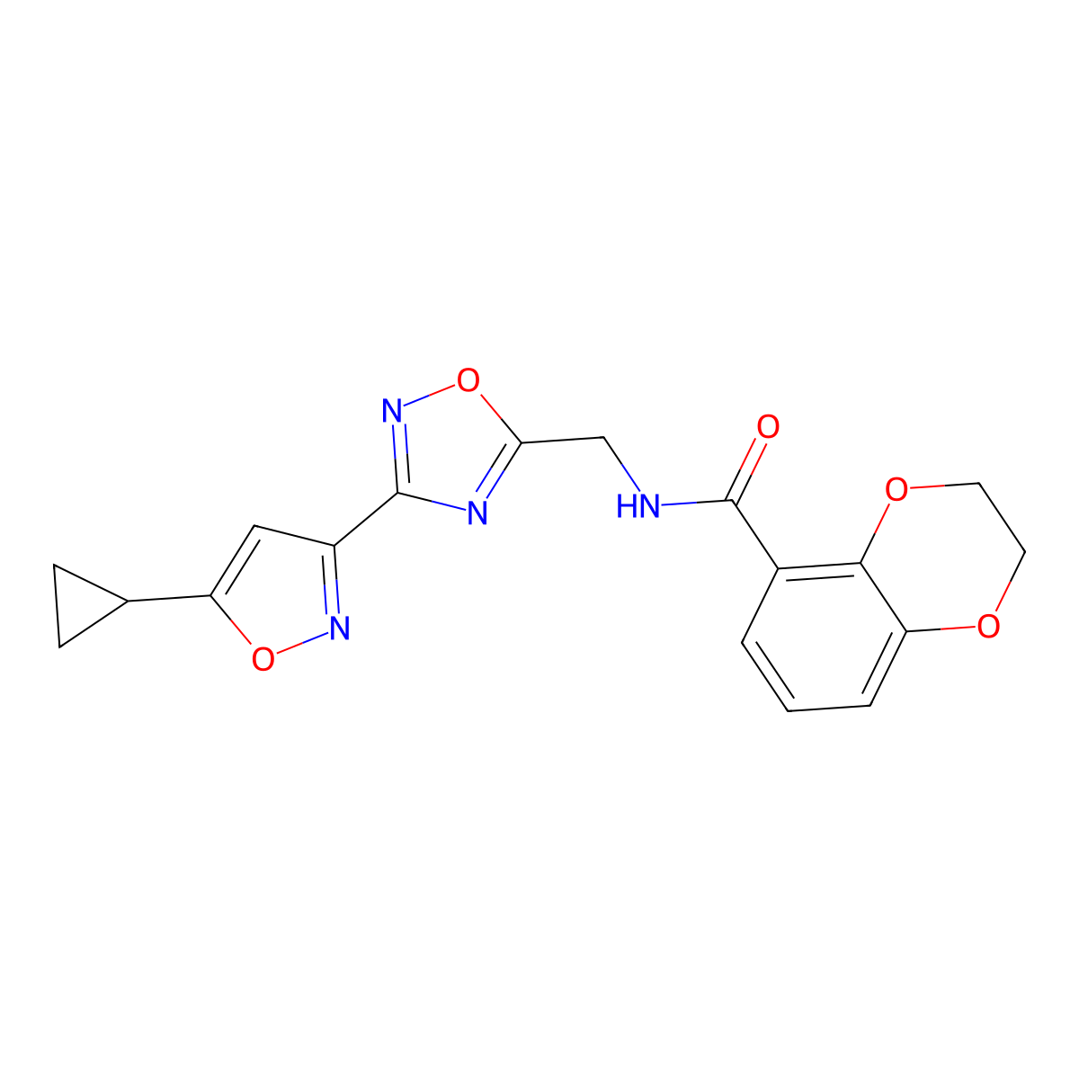 N-((3-(5-cyclopropylisoxazol-3-yl)-1,2,4-oxadiazol-5-yl)methyl)-2,3-dihydrobenzo[b][1,4]dioxine-5-carboxamide molecular structure, CAS 2034521-10-1