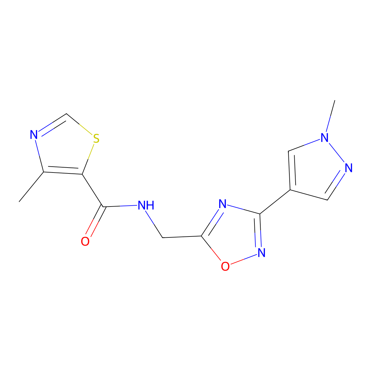 4-methyl-N-((3-(1-methyl-1H-pyrazol-4-yl)-1,2,4-oxadiazol-5-yl)methyl)thiazole-5-carboxamide molecular structure, CAS 2034521-11-2