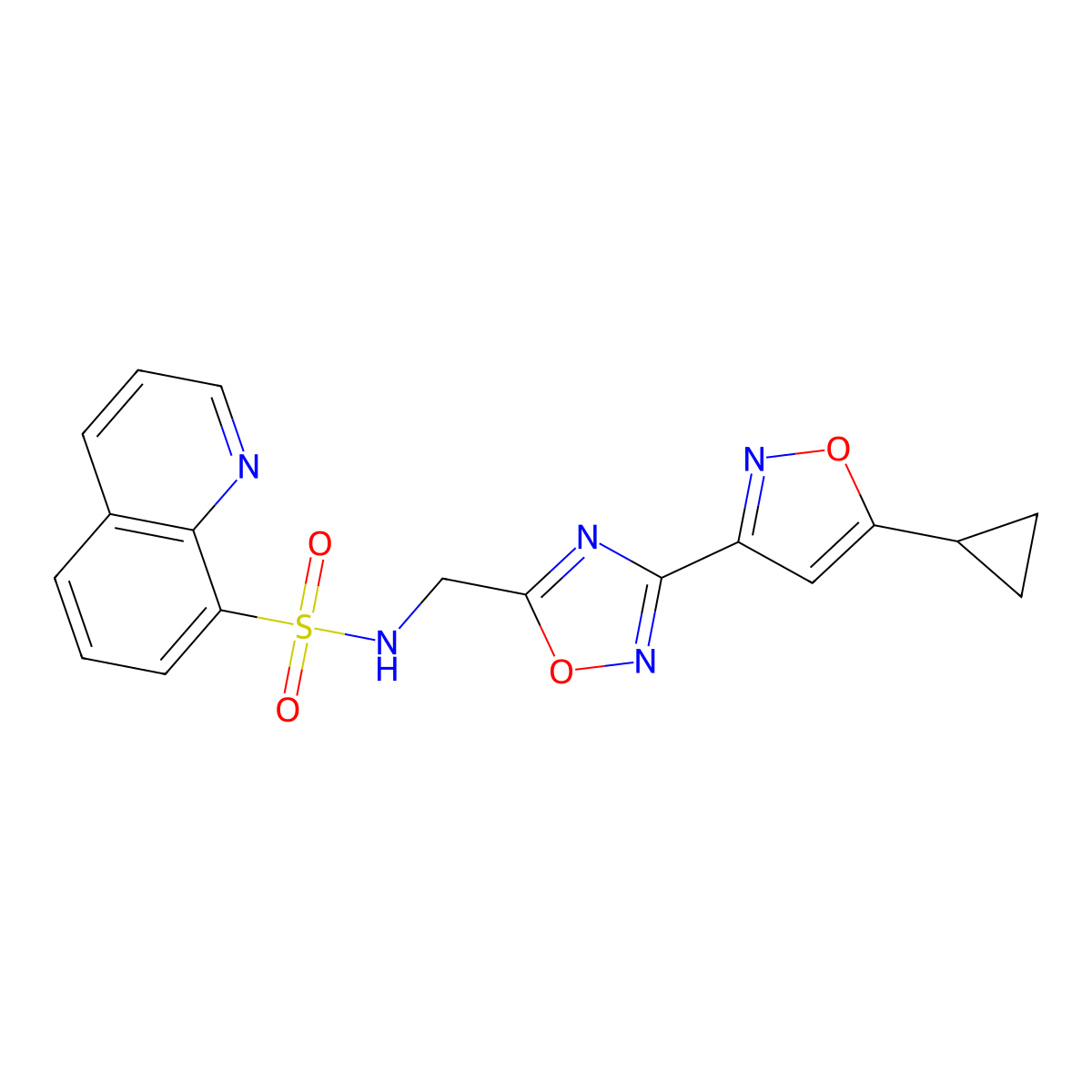 N-((3-(5-cyclopropylisoxazol-3-yl)-1,2,4-oxadiazol-5-yl)methyl)quinoline-8-sulfonamide molecular structure, CAS 2034521-13-4