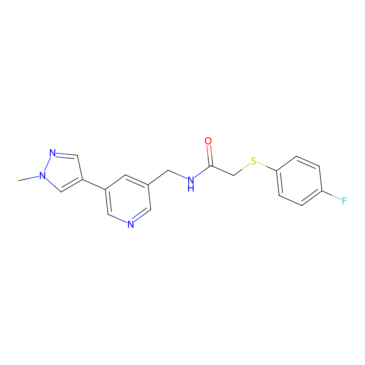 2-((4-fluorophenyl)thio)-N-((5-(1-methyl-1H-pyrazol-4-yl)pyridin-3-yl)methyl)acetamide molecular structure, CAS 2034521-17-8