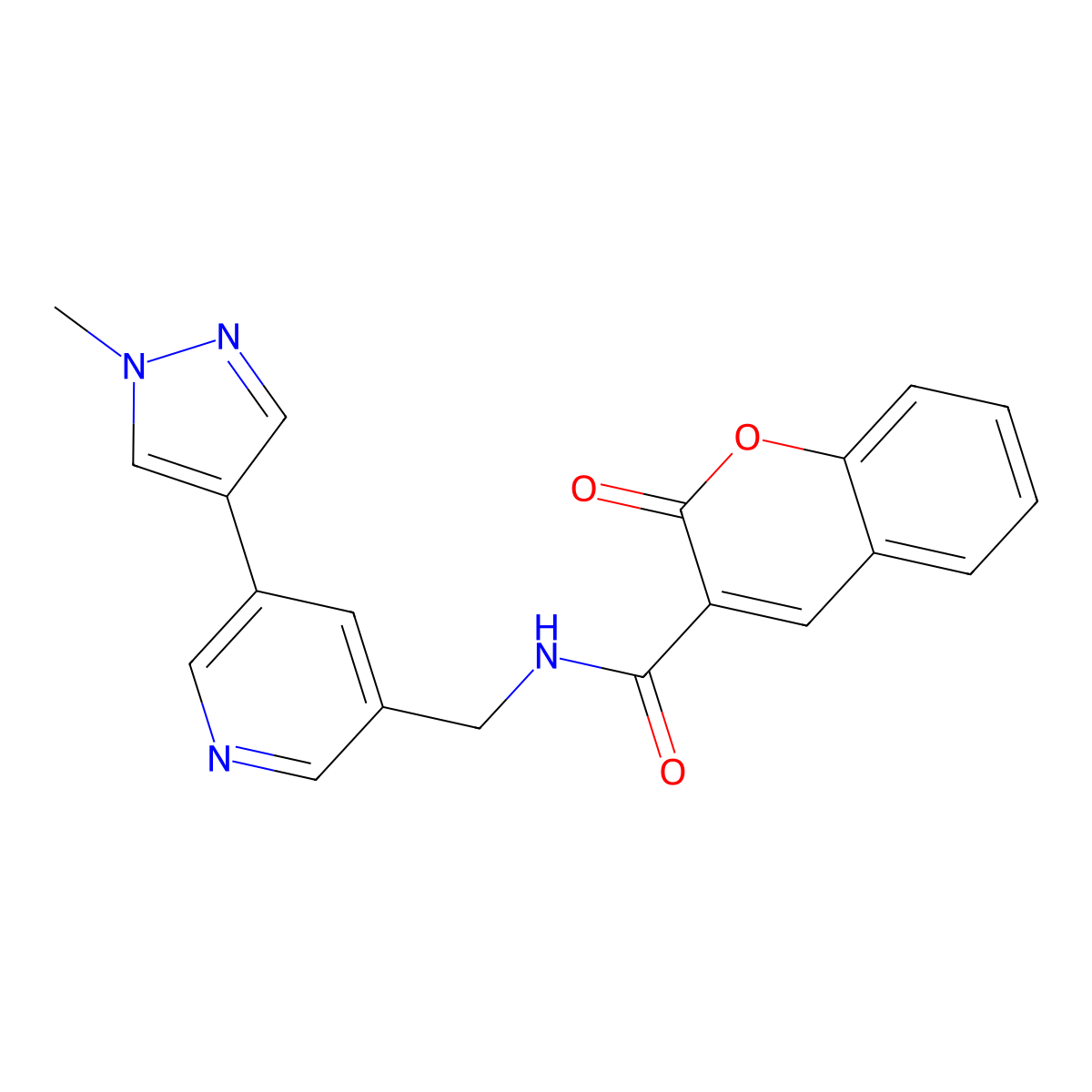 N-((5-(1-methyl-1H-pyrazol-4-yl)pyridin-3-yl)methyl)-2-oxo-2H-chromene-3-carboxamide molecular structure, CAS 2034521-27-0