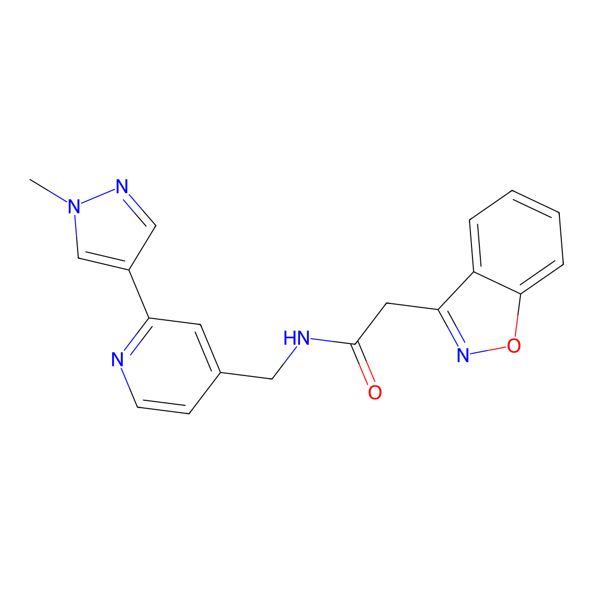 2-(benzo[d]isoxazol-3-yl)-N-((2-(1-methyl-1H-pyrazol-4-yl)pyridin-4-yl)methyl)acetamide molecular structure, CAS 2034521-47-4