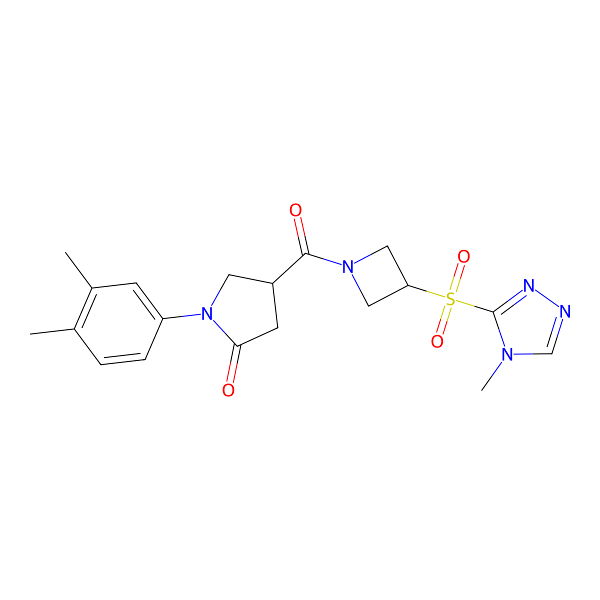 1-(3,4-dimethylphenyl)-4-{3-[(4-methyl-4H-1,2,4-triazol-3-yl)sulfonyl]azetidine-1-carbonyl}pyrrolidin-2-one molecular structure, CAS 2034521-73-6