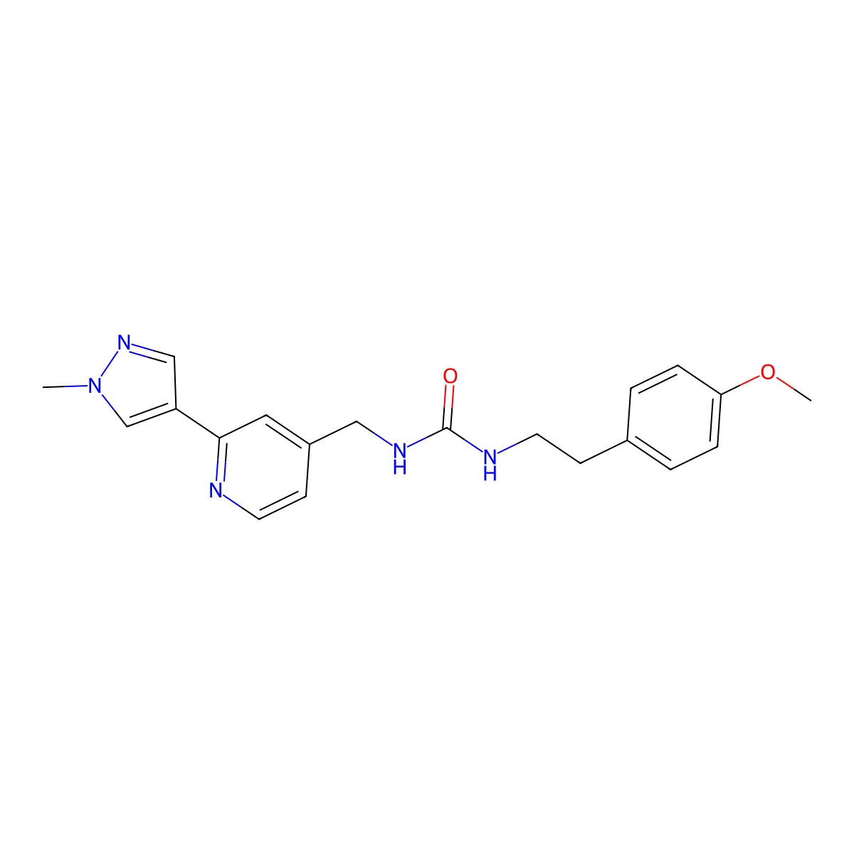1-(4-methoxyphenethyl)-3-((2-(1-methyl-1H-pyrazol-4-yl)pyridin-4-yl)methyl)urea molecular structure, CAS 2034521-77-0