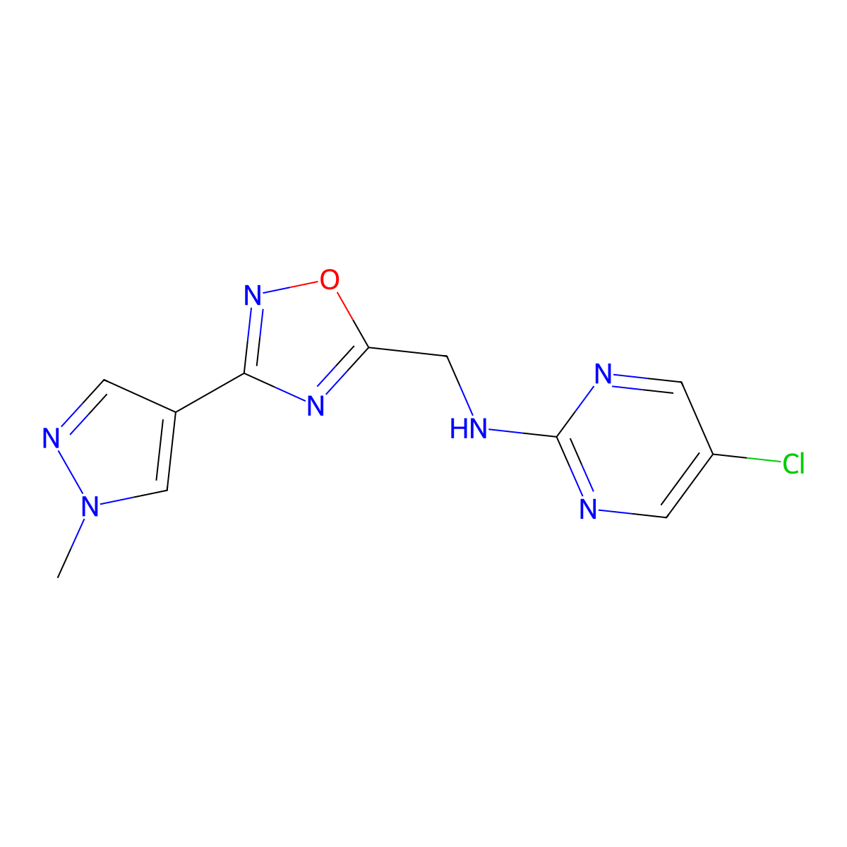 5-chloro-N-((3-(1-methyl-1H-pyrazol-4-yl)-1,2,4-oxadiazol-5-yl)methyl)pyrimidin-2-amine molecular structure, CAS 2034521-89-4
