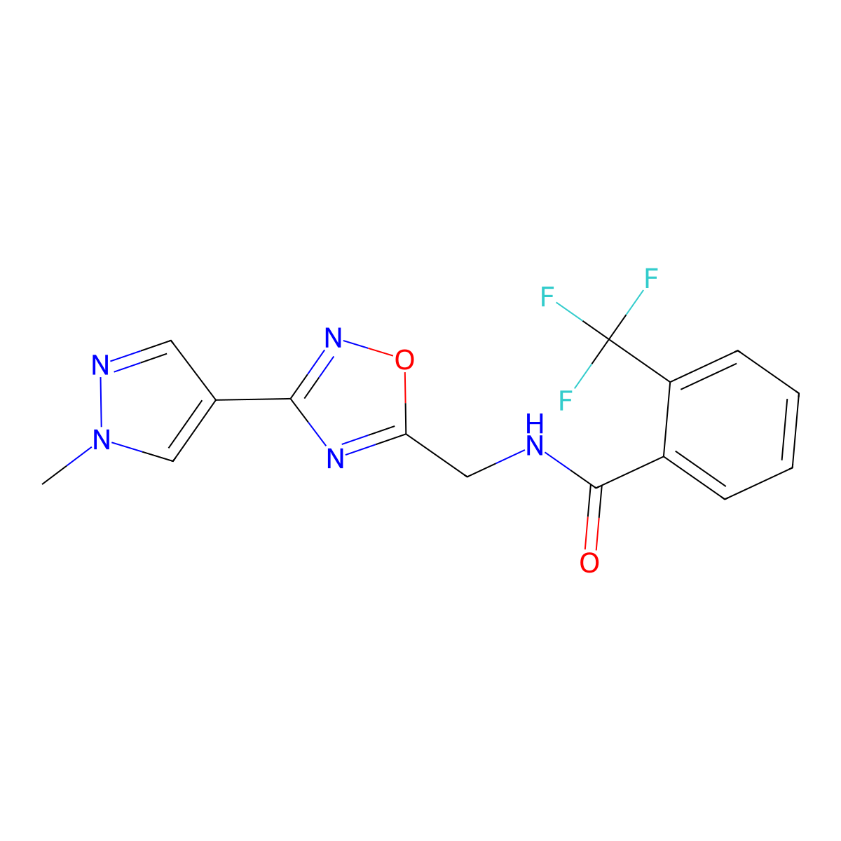 N-{[3-(1-methyl-1H-pyrazol-4-yl)-1,2,4-oxadiazol-5-yl]methyl}-2-(trifluoromethyl)benzamide molecular structure, CAS 2034521-95-2