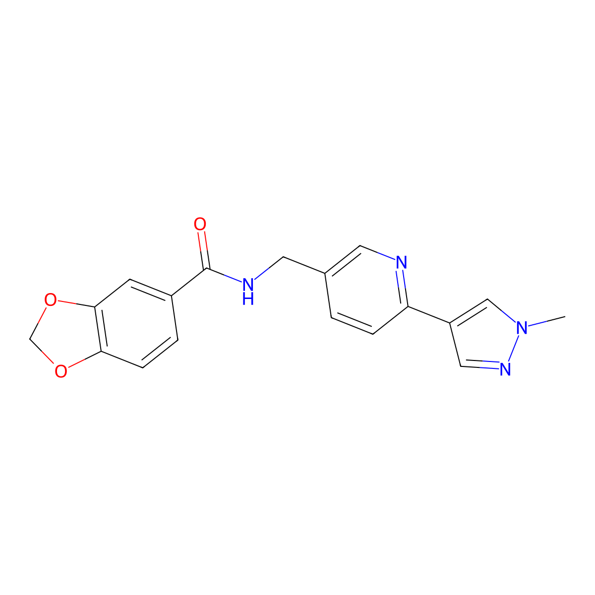 N-((6-(1-methyl-1H-pyrazol-4-yl)pyridin-3-yl)methyl)benzo[d][1,3]dioxole-5-carboxamide molecular structure, CAS 2034521-97-4