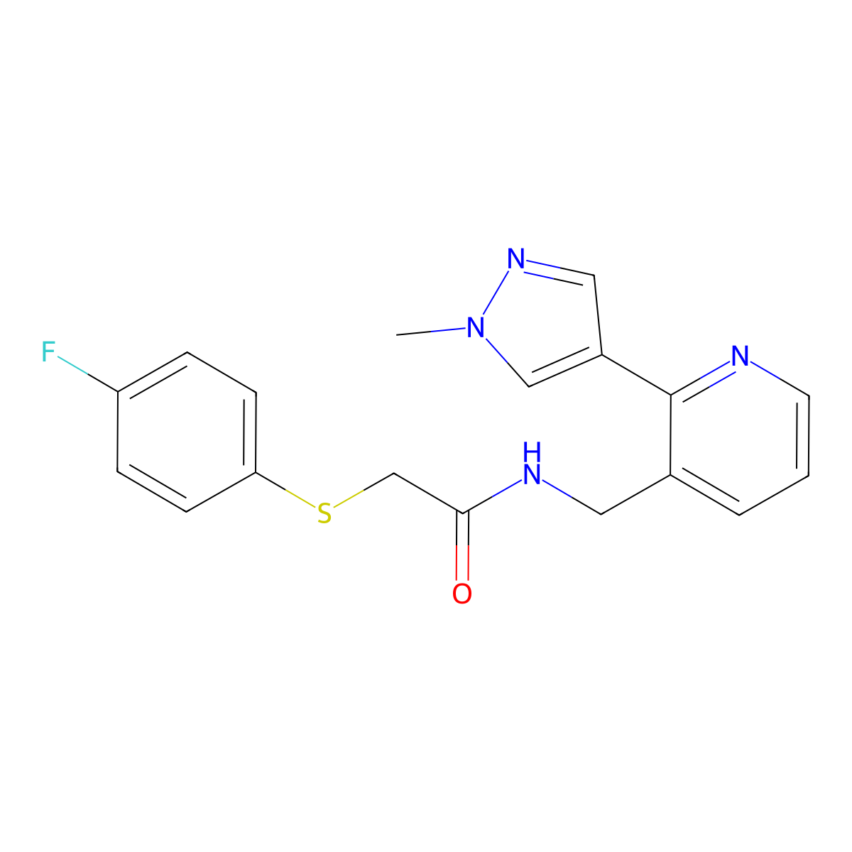 2-((4-fluorophenyl)thio)-N-((2-(1-methyl-1H-pyrazol-4-yl)pyridin-3-yl)methyl)acetamide molecular structure, CAS 2034522-01-3