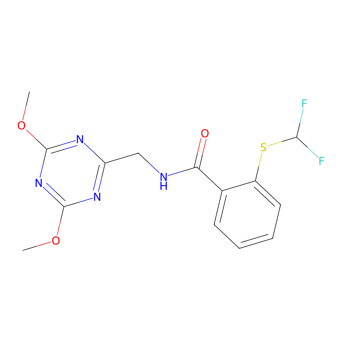 2-((difluoromethyl)thio)-N-((4,6-dimethoxy-1,3,5-triazin-2-yl)methyl)benzamide molecular structure, CAS 2034522-12-6