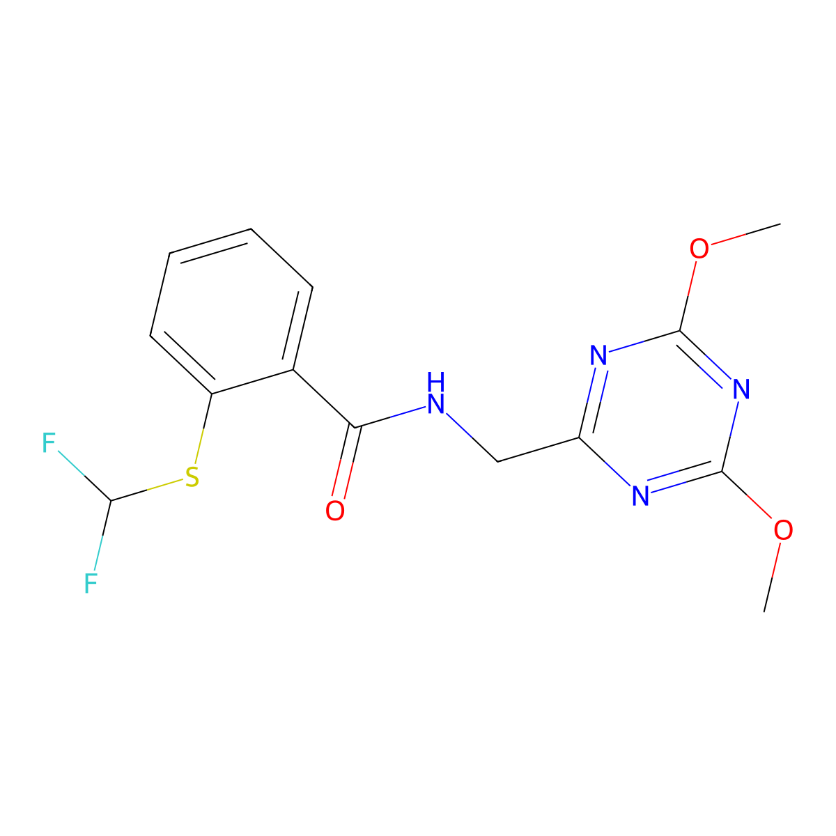 2-((difluoromethyl)thio)-N-((4,6-dimethoxy-1,3,5-triazin-2-yl)methyl)benzamide molecular structure, CAS 2034522-12-6