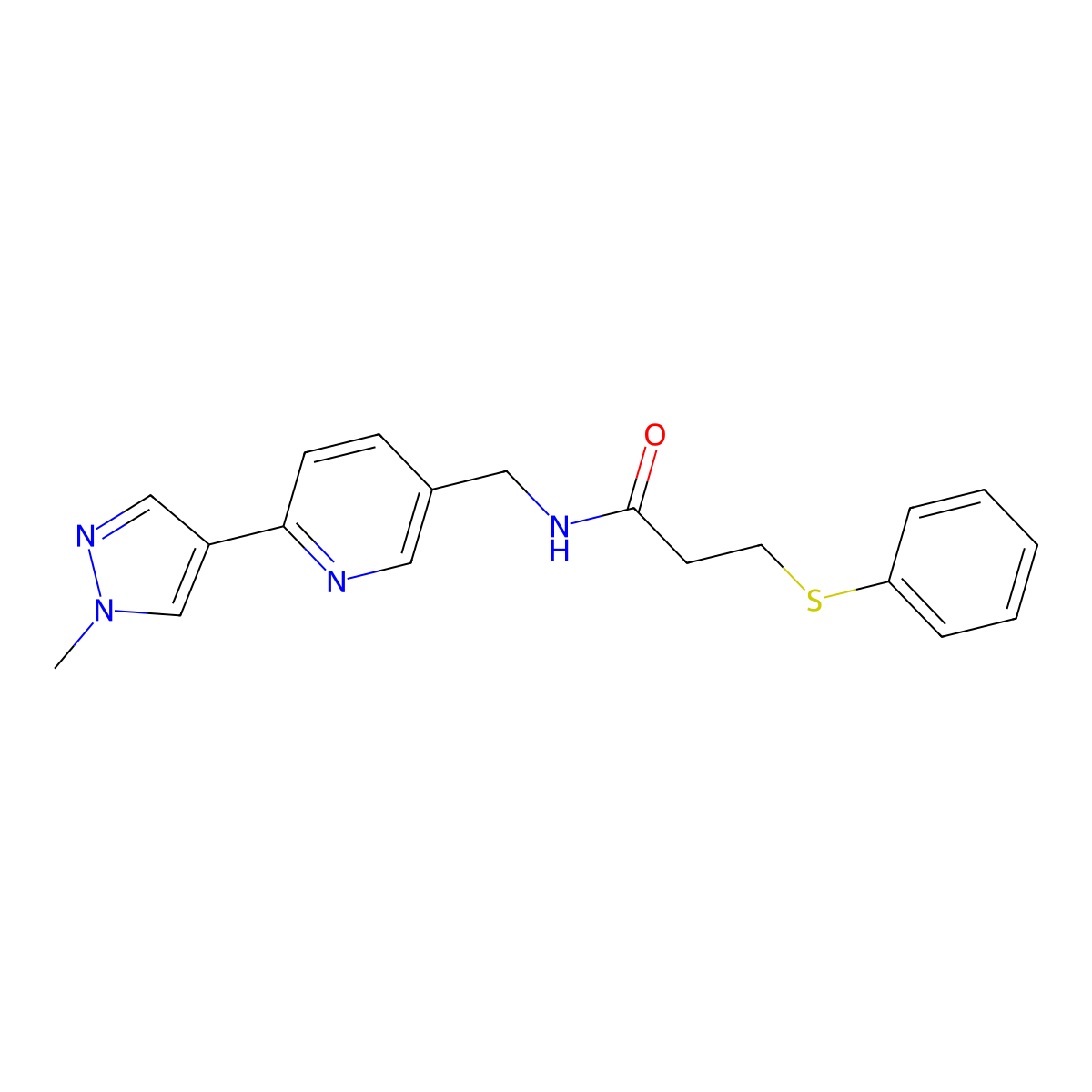N-((6-(1-methyl-1H-pyrazol-4-yl)pyridin-3-yl)methyl)-3-(phenylthio)propanamide molecular structure, CAS 2034522-16-0