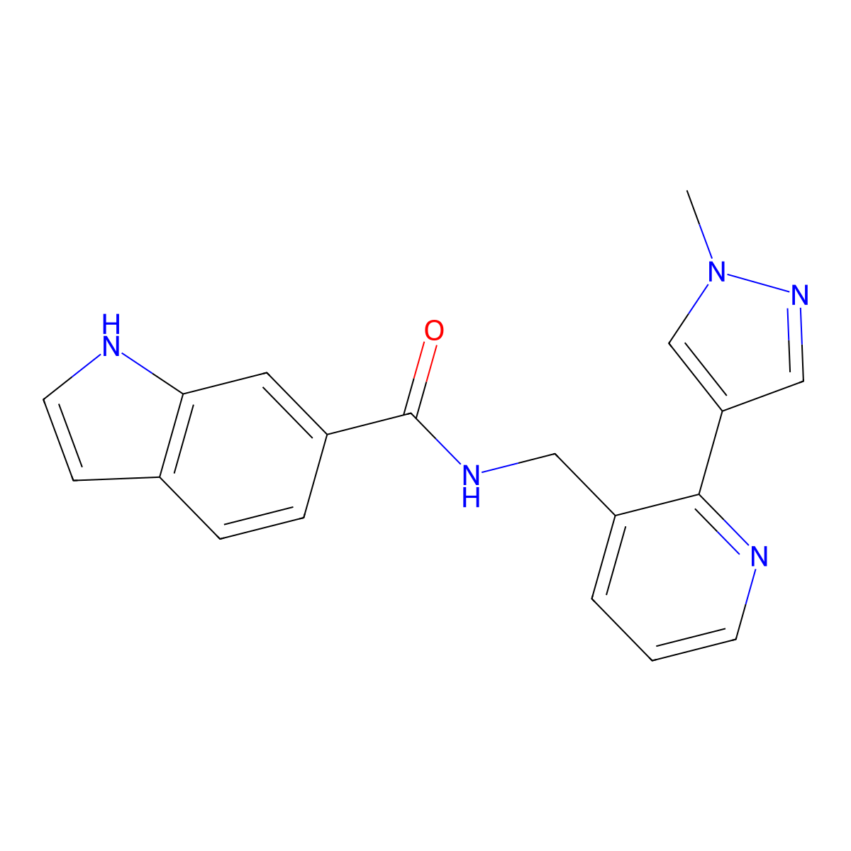 N-((2-(1-methyl-1H-pyrazol-4-yl)pyridin-3-yl)methyl)-1H-indole-6-carboxamide molecular structure, CAS 2034522-24-0