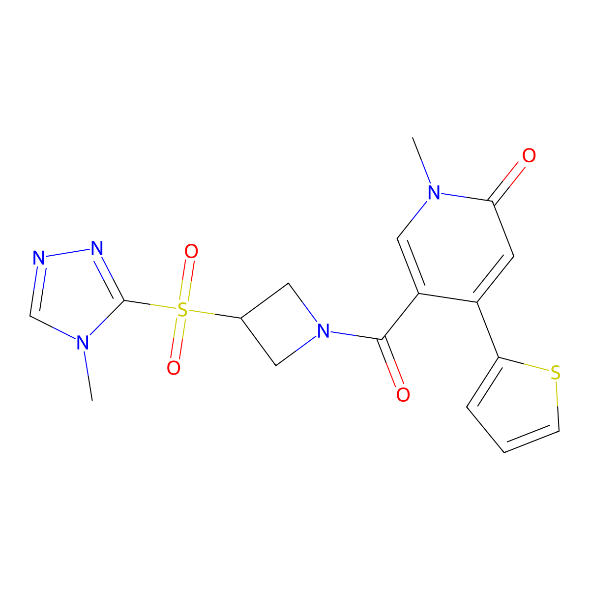 1-methyl-5-(3-((4-methyl-4H-1,2,4-triazol-3-yl)sulfonyl)azetidine-1-carbonyl)-4-(thiophen-2-yl)pyridin-2(1H)-one molecular structure, CAS 2034522-28-4