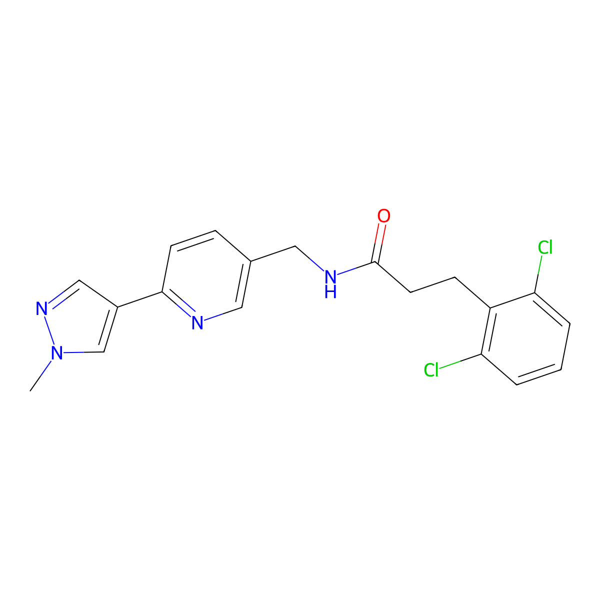 3-(2,6-dichlorophenyl)-N-((6-(1-methyl-1H-pyrazol-4-yl)pyridin-3-yl)methyl)propanamide molecular structure, CAS 2034522-30-8