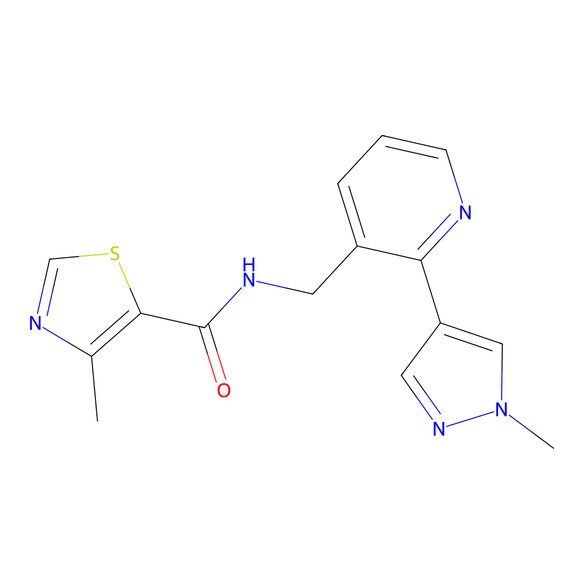 4-methyl-N-((2-(1-methyl-1H-pyrazol-4-yl)pyridin-3-yl)methyl)thiazole-5-carboxamide molecular structure, CAS 2034522-35-3