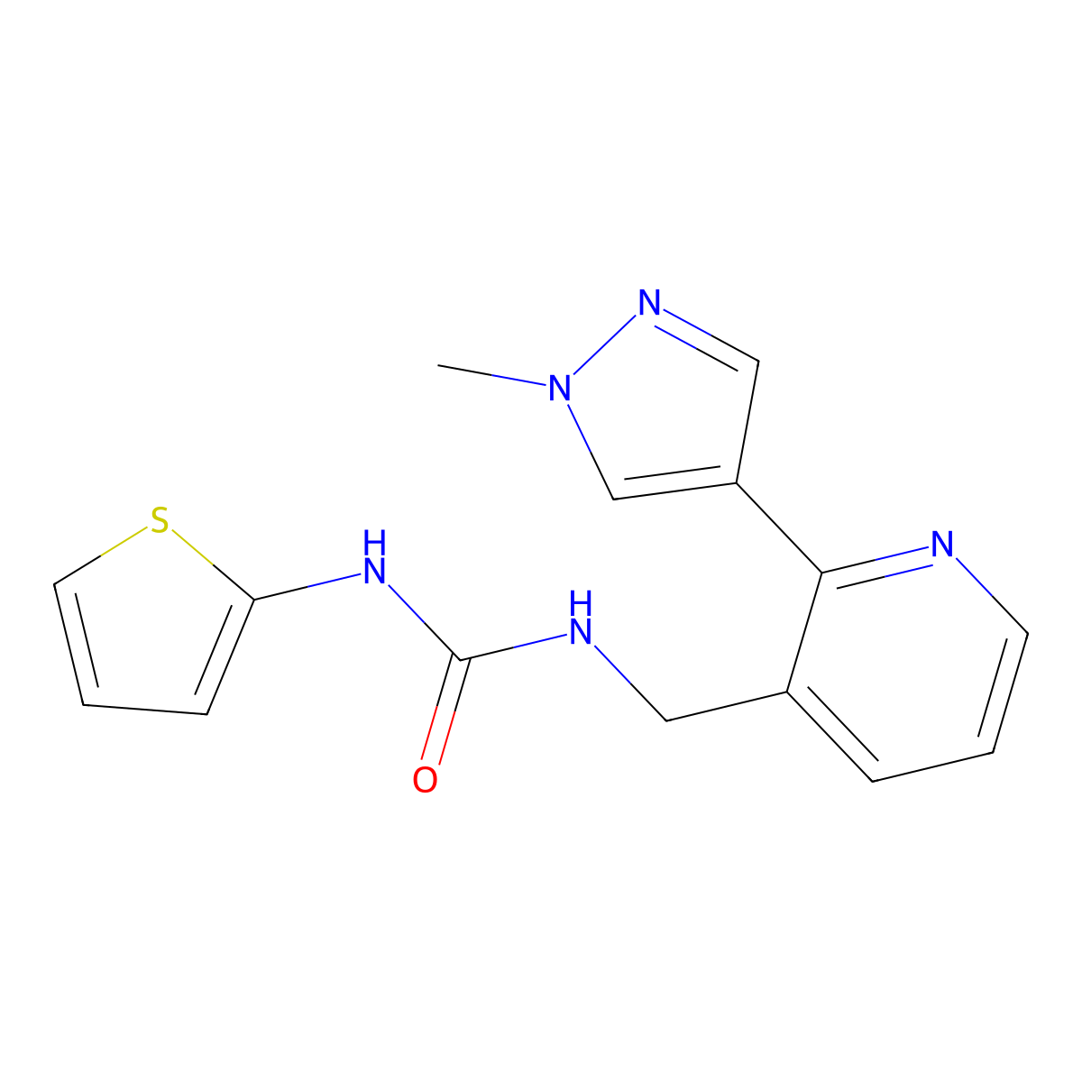 1-((2-(1-methyl-1H-pyrazol-4-yl)pyridin-3-yl)methyl)-3-(thiophen-2-yl)urea molecular structure, CAS 2034522-40-0