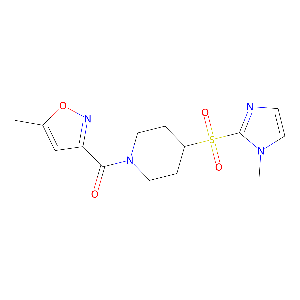 (4-((1-methyl-1H-imidazol-2-yl)sulfonyl)piperidin-1-yl)(5-methylisoxazol-3-yl)methanone molecular structure, CAS 2034522-64-8