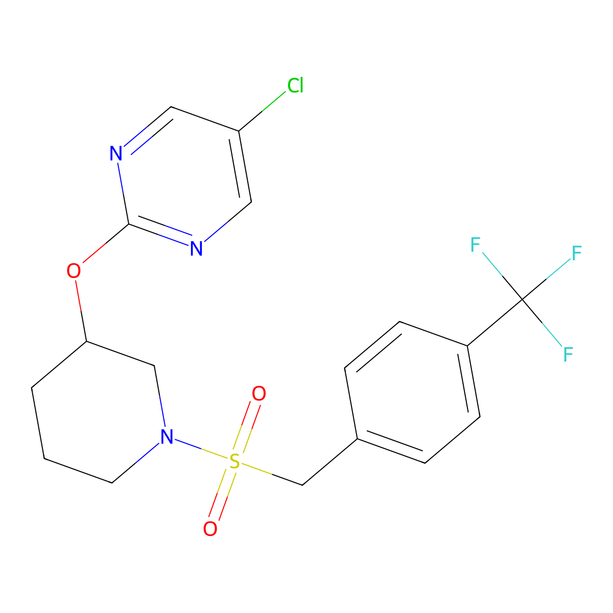 5-Chloro-2-((1-((4-(trifluoromethyl)benzyl)sulfonyl)piperidin-3-yl)oxy)pyrimidine molecular structure, CAS 2034522-82-0