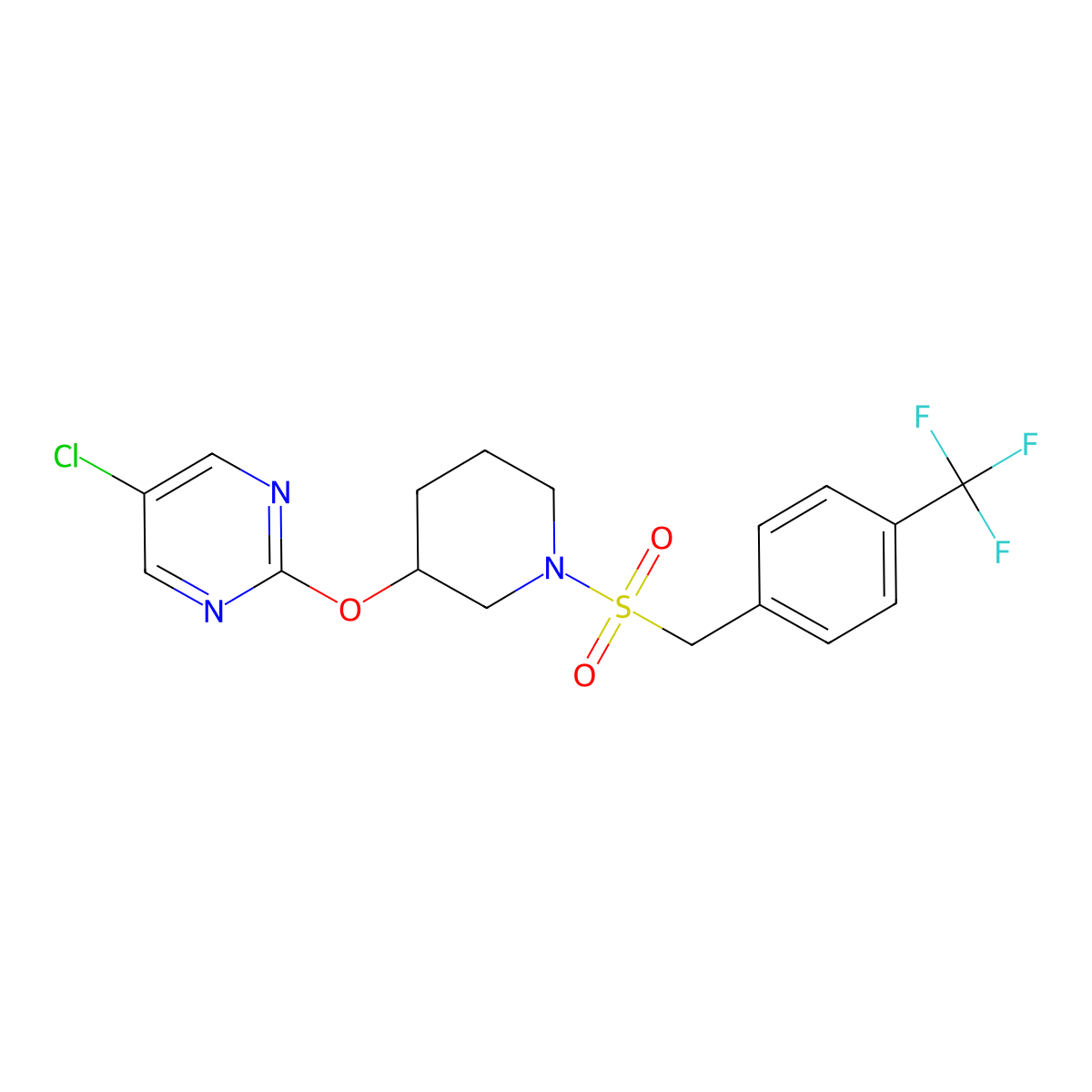 5-Chloro-2-((1-((4-(trifluoromethyl)benzyl)sulfonyl)piperidin-3-yl)oxy)pyrimidine molecular structure, CAS 2034522-82-0