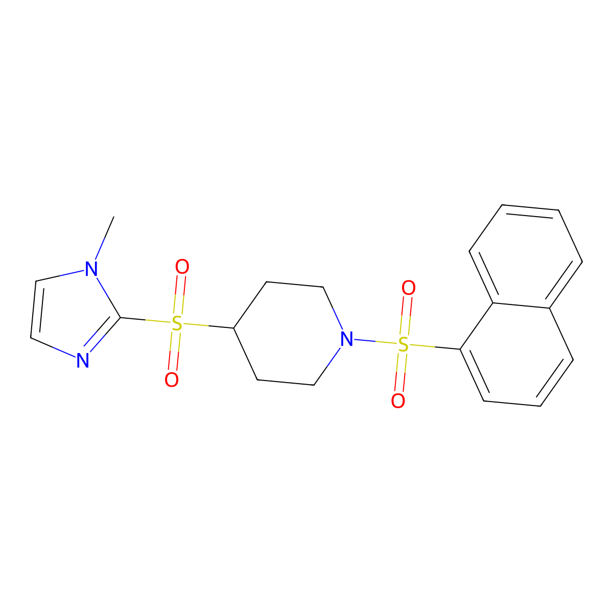 4-((1-methyl-1H-imidazol-2-yl)sulfonyl)-1-(naphthalen-1-ylsulfonyl)piperidine molecular structure, CAS 2034522-84-2