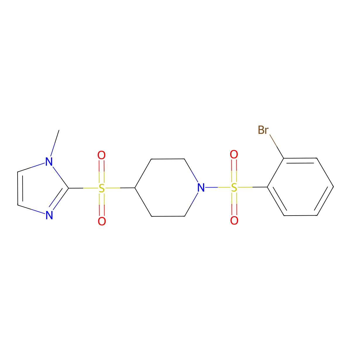 1-((2-bromophenyl)sulfonyl)-4-((1-methyl-1H-imidazol-2-yl)sulfonyl)piperidine molecular structure, CAS 2034522-91-1