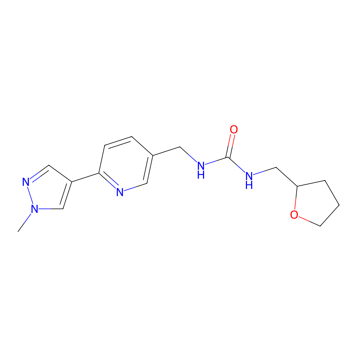 1-((6-(1-methyl-1H-pyrazol-4-yl)pyridin-3-yl)methyl)-3-((tetrahydrofuran-2-yl)methyl)urea molecular structure, CAS 2034523-03-8