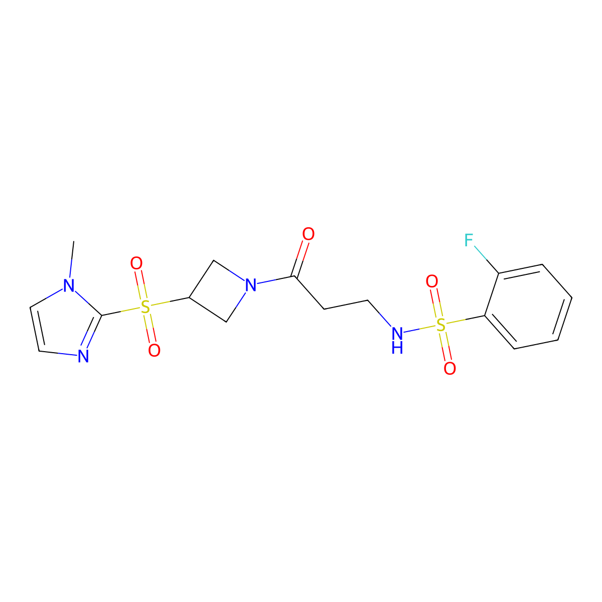 2-fluoro-N-(3-(3-((1-methyl-1H-imidazol-2-yl)sulfonyl)azetidin-1-yl)-3-oxopropyl)benzenesulfonamide molecular structure, CAS 2034523-15-2