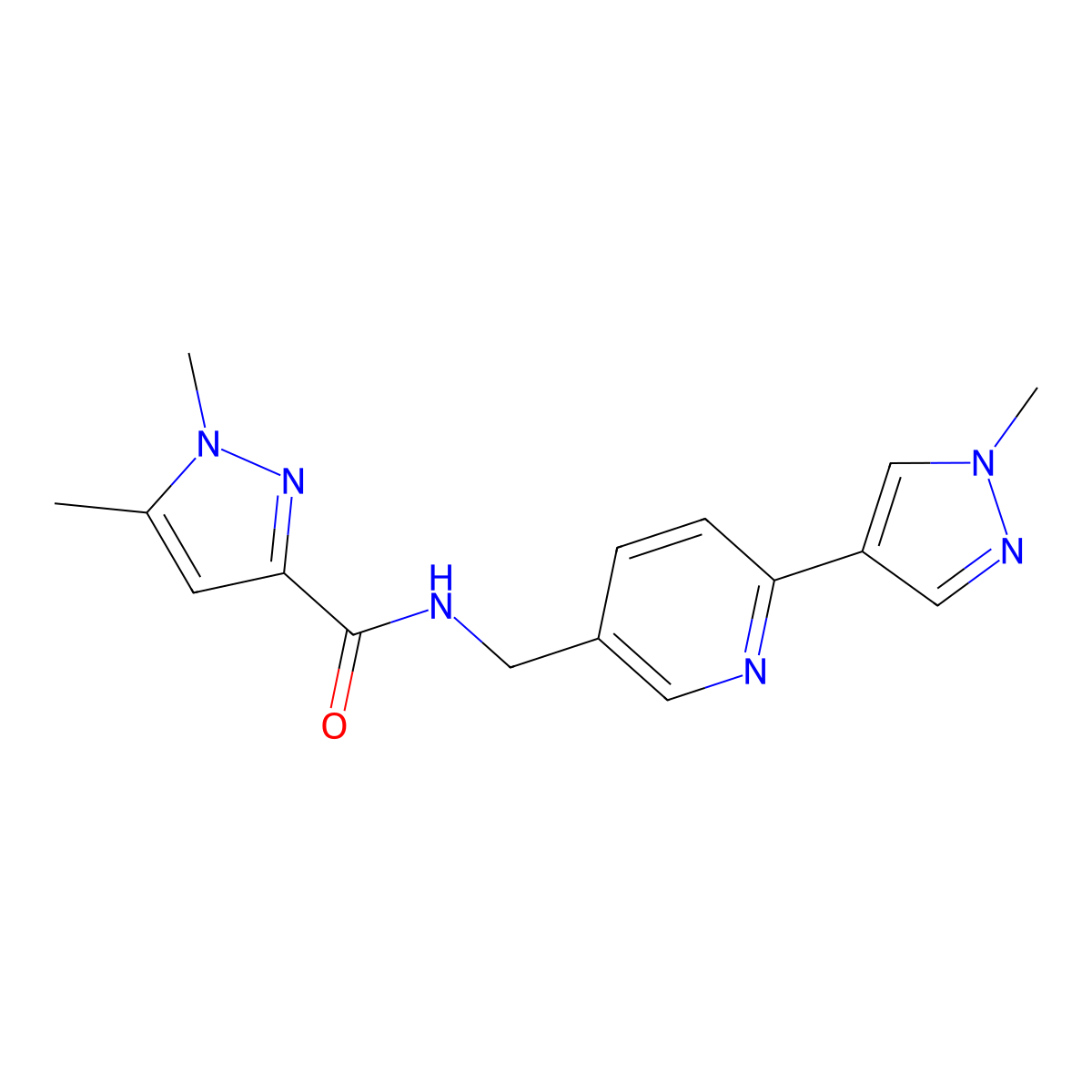 1,5-dimethyl-N-((6-(1-methyl-1H-pyrazol-4-yl)pyridin-3-yl)methyl)-1H-pyrazole-3-carboxamide molecular structure, CAS 2034523-16-3