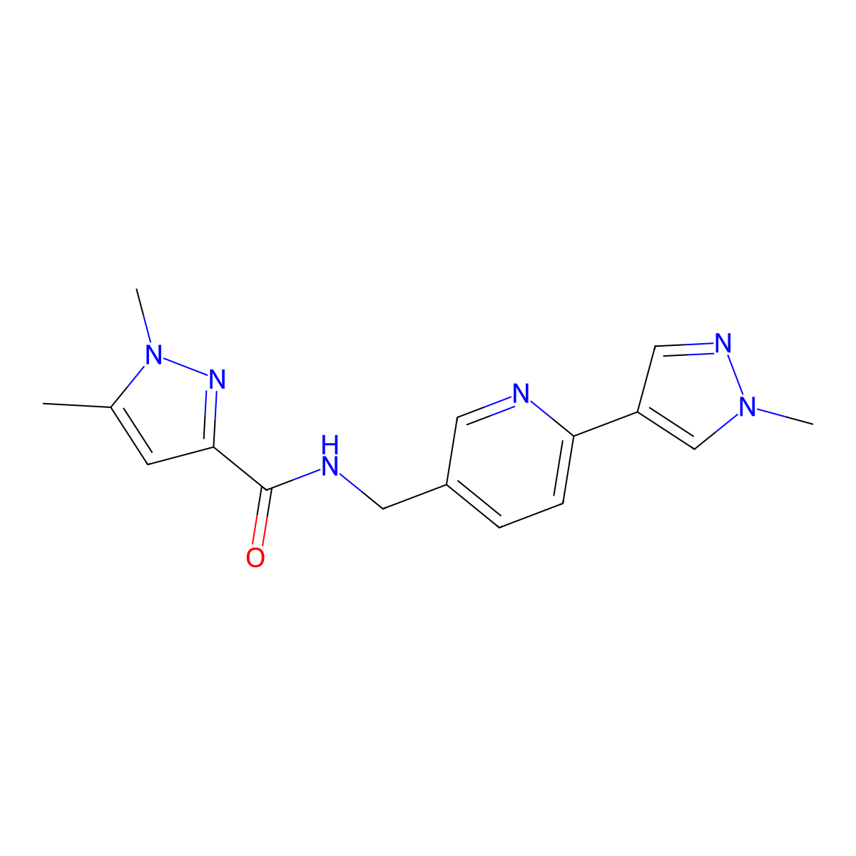 1,5-dimethyl-N-((6-(1-methyl-1H-pyrazol-4-yl)pyridin-3-yl)methyl)-1H-pyrazole-3-carboxamide molecular structure, CAS 2034523-16-3