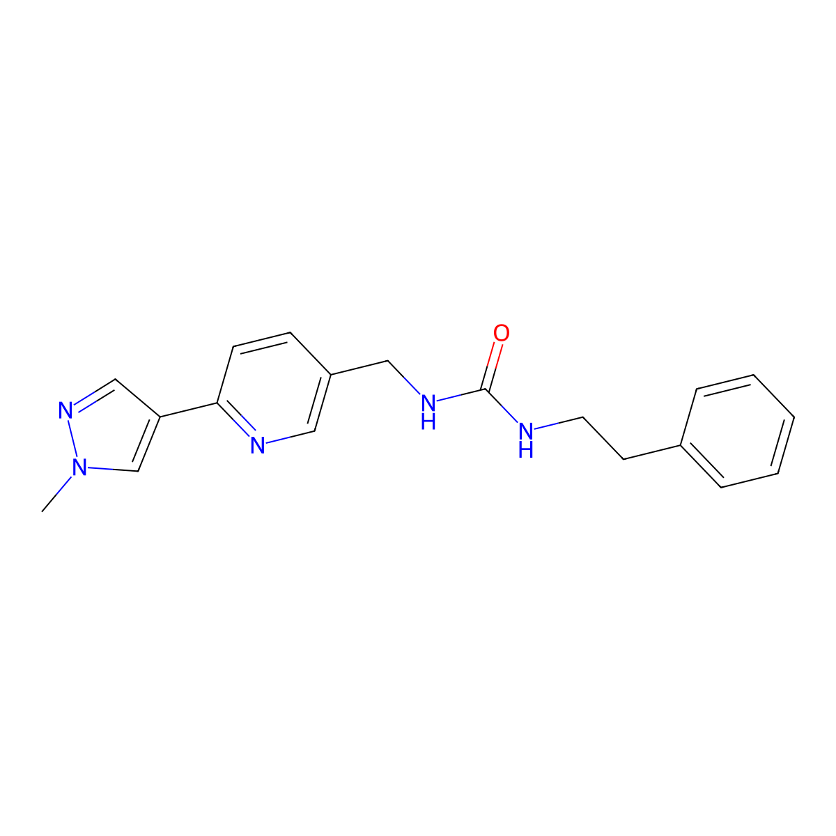 1-((6-(1-methyl-1H-pyrazol-4-yl)pyridin-3-yl)methyl)-3-phenethylurea molecular structure, CAS 2034523-21-0