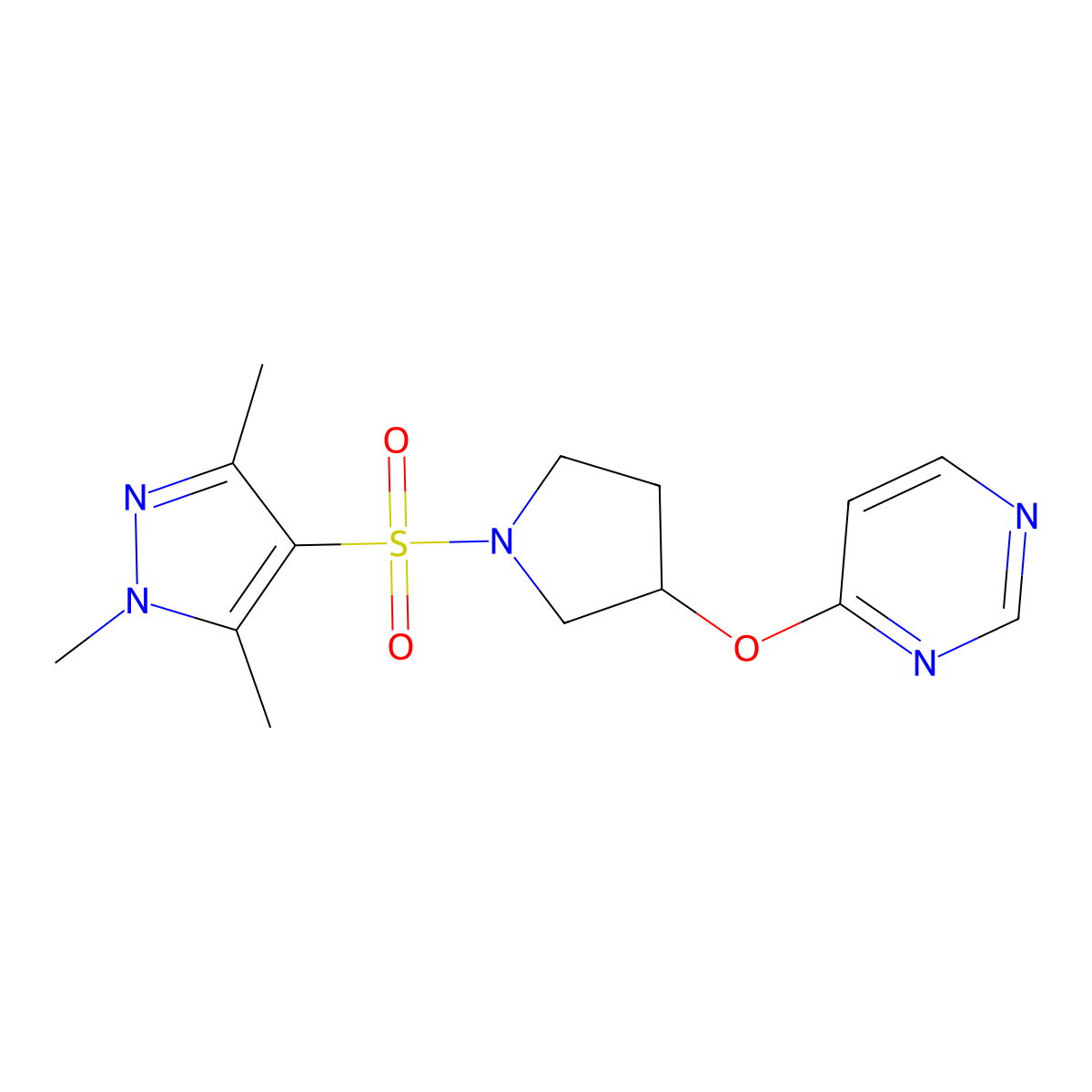 4-({1-[(1,3,5-trimethyl-1H-pyrazol-4-yl)sulfonyl]pyrrolidin-3-yl}oxy)pyrimidine molecular structure, CAS 2034523-27-6