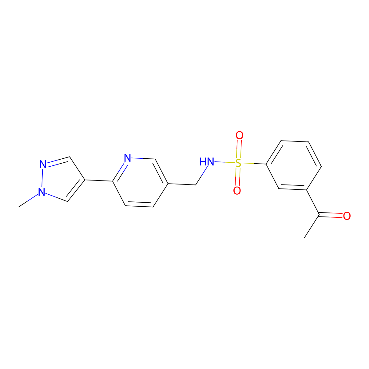3-acetyl-N-((6-(1-methyl-1H-pyrazol-4-yl)pyridin-3-yl)methyl)benzenesulfonamide molecular structure, CAS 2034523-36-7
