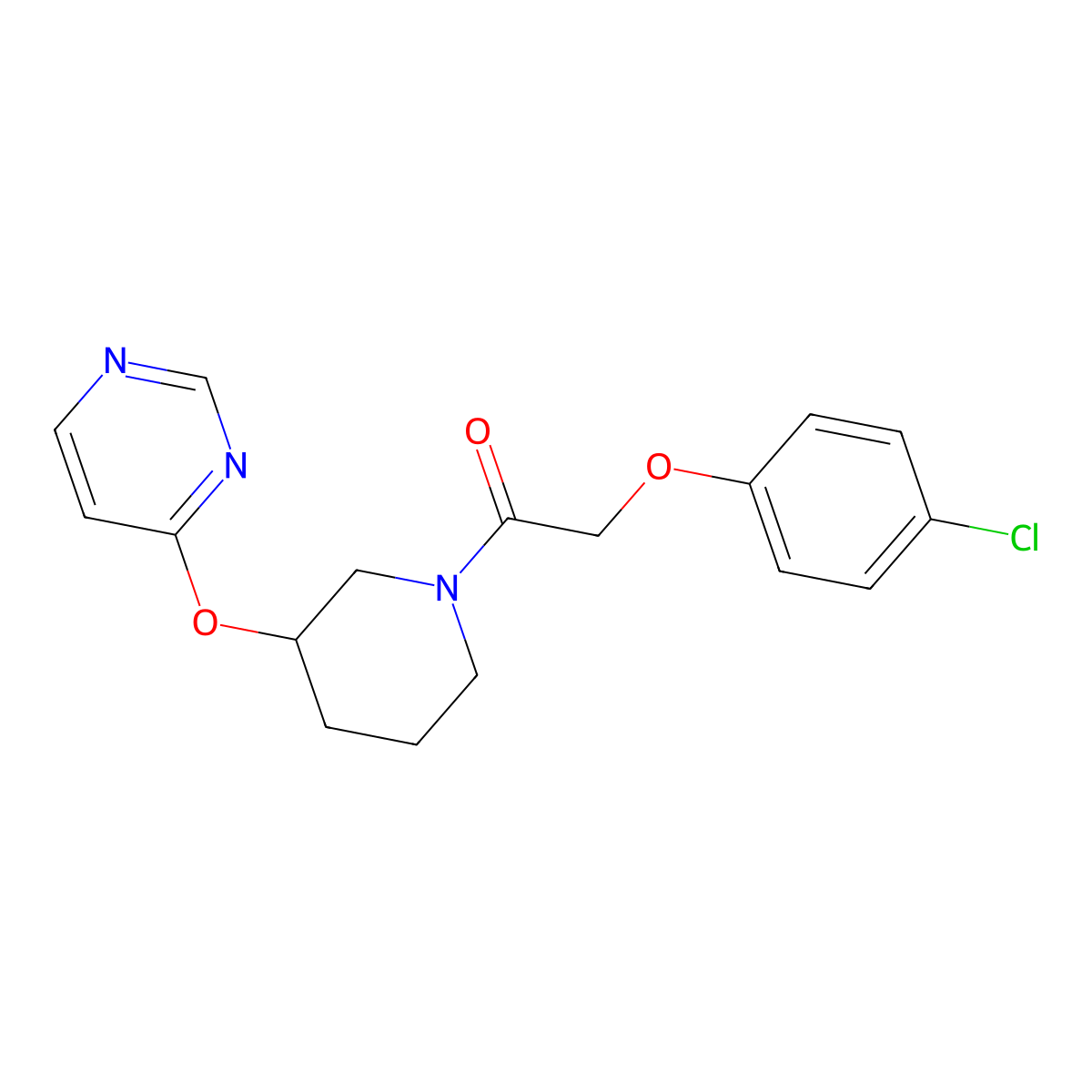 2-(4-Chlorophenoxy)-1-(3-(pyrimidin-4-yloxy)piperidin-1-yl)ethanone molecular structure, CAS 2034523-39-0