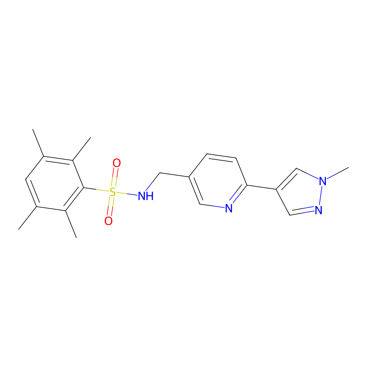 2,3,5,6-tetramethyl-N-((6-(1-methyl-1H-pyrazol-4-yl)pyridin-3-yl)methyl)benzenesulfonamide molecular structure, CAS 2034523-43-6