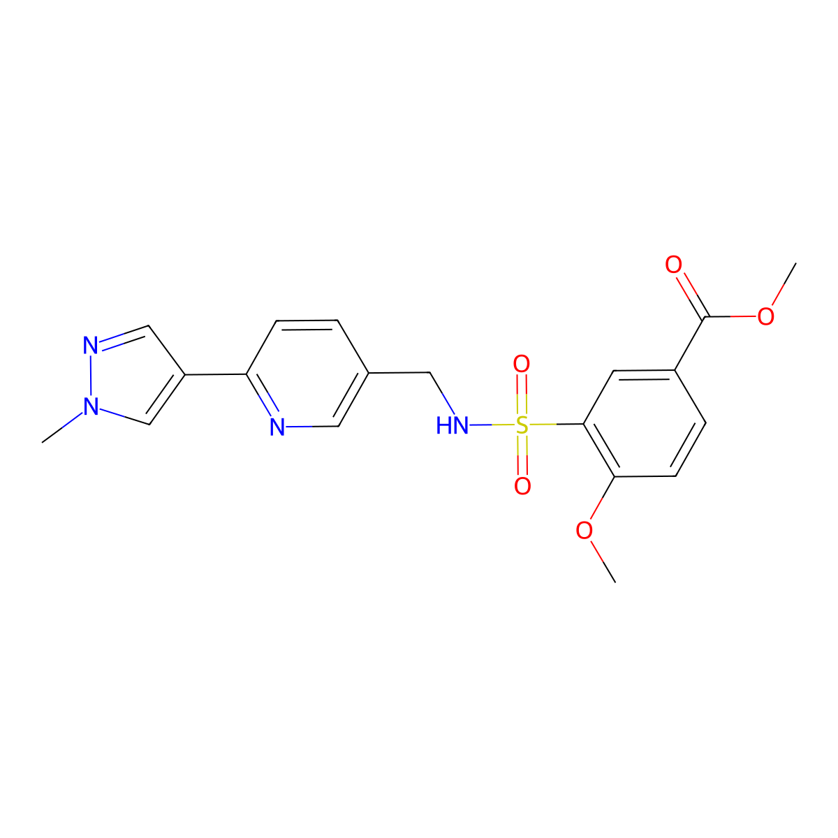 methyl 4-methoxy-3-(N-((6-(1-methyl-1H-pyrazol-4-yl)pyridin-3-yl)methyl)sulfamoyl)benzoate molecular structure, CAS 2034523-49-2