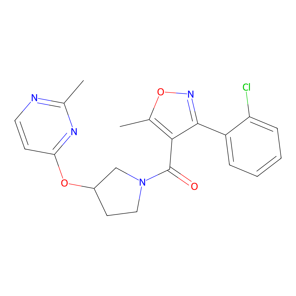 4-({1-[3-(2-Chlorophenyl)-5-methyl-1,2-oxazole-4-carbonyl]pyrrolidin-3-yl}oxy)-2-methylpyrimidine molecular structure, CAS 2034523-55-0