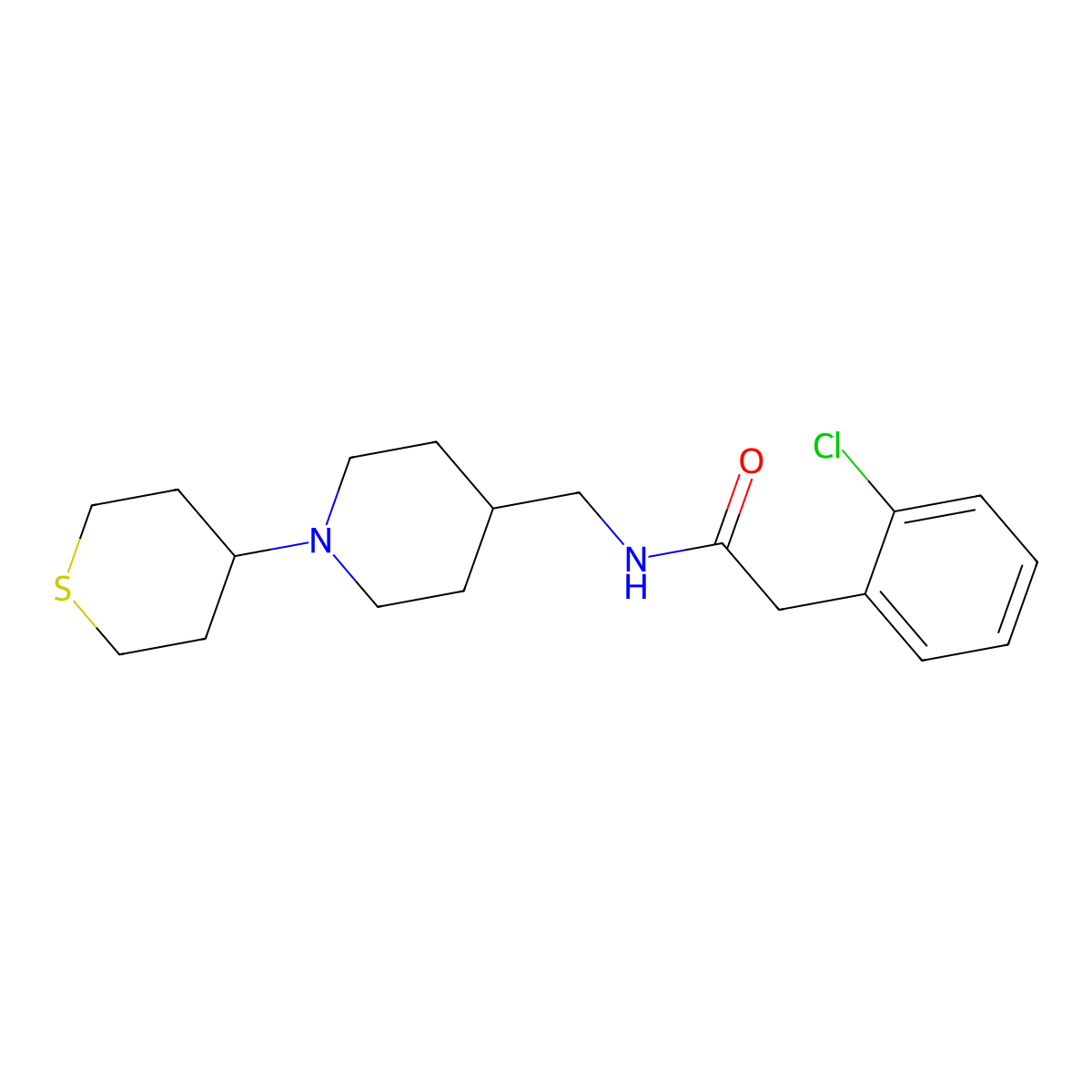 2-(2-chlorophenyl)-N-((1-(tetrahydro-2H-thiopyran-4-yl)piperidin-4-yl)methyl)acetamide molecular structure, CAS 2034523-61-8