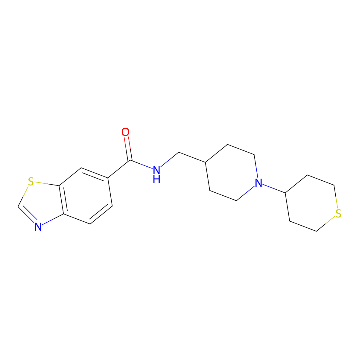 N-((1-(tetrahydro-2H-thiopyran-4-yl)piperidin-4-yl)methyl)benzo[d]thiazole-6-carboxamide molecular structure, CAS 2034523-71-0