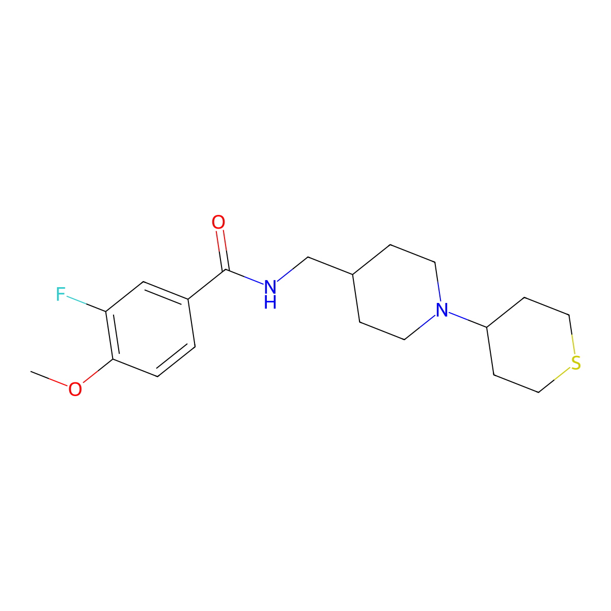 3-fluoro-4-methoxy-N-((1-(tetrahydro-2H-thiopyran-4-yl)piperidin-4-yl)methyl)benzamide molecular structure, CAS 2034523-98-1