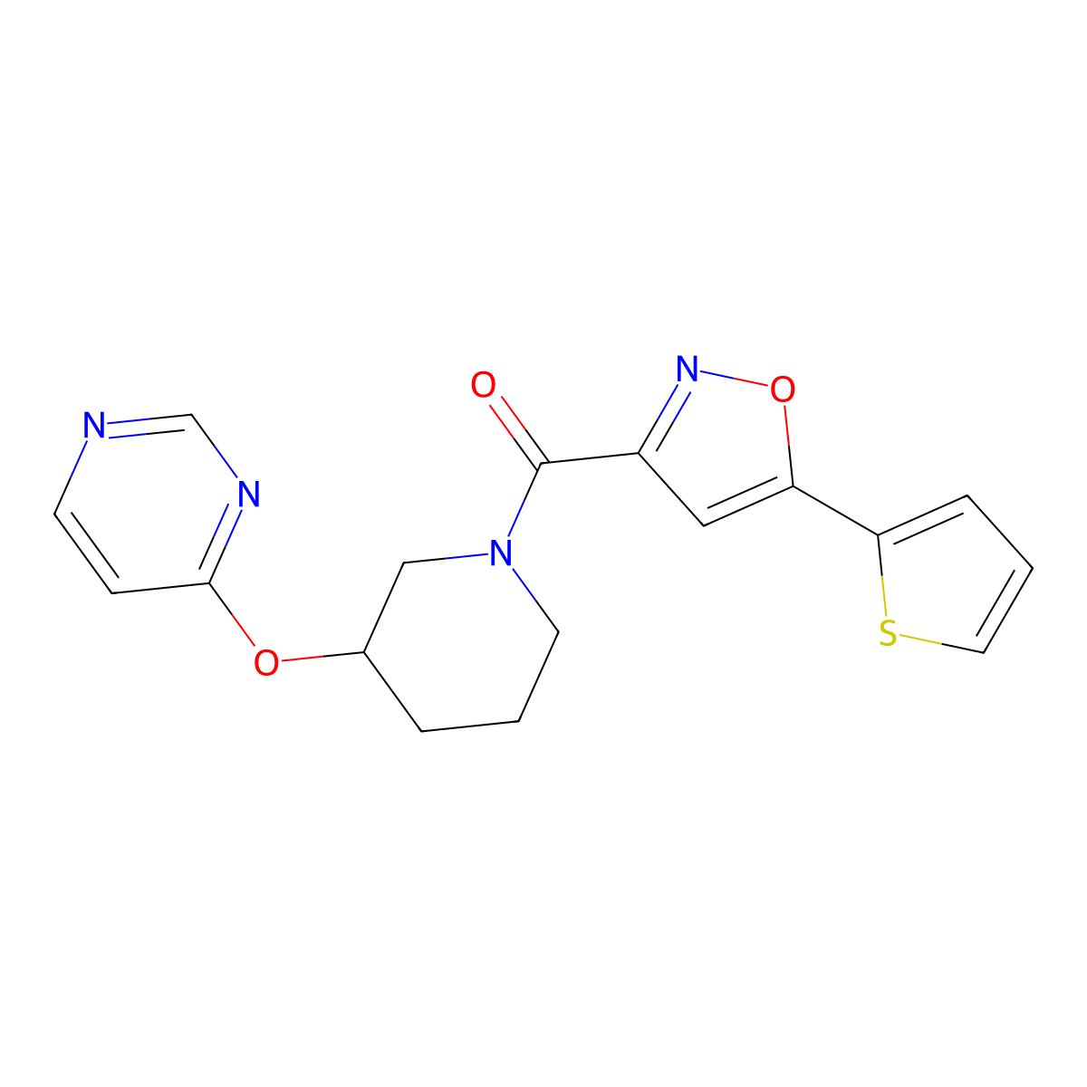 (3-(Pyrimidin-4-yloxy)piperidin-1-yl)(5-(thiophen-2-yl)isoxazol-3-yl)methanone molecular structure, CAS 2034524-08-6