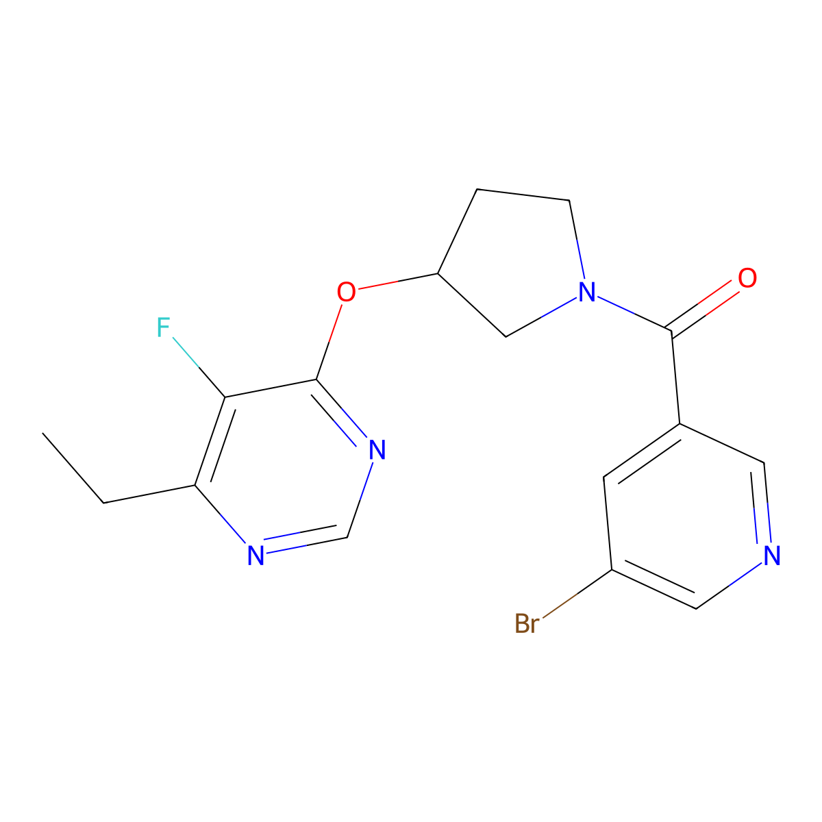 (5-Bromopyridin-3-yl)(3-((6-ethyl-5-fluoropyrimidin-4-yl)oxy)pyrrolidin-1-yl)methanone molecular structure, CAS 2034524-27-9