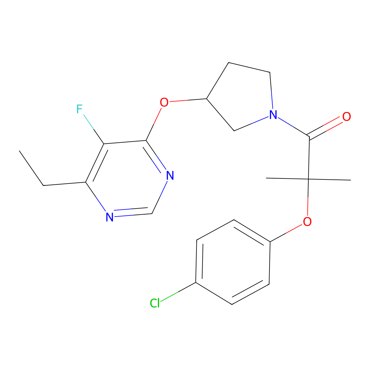 2-(4-Chlorophenoxy)-1-(3-((6-ethyl-5-fluoropyrimidin-4-yl)oxy)pyrrolidin-1-yl)-2-methylpropan-1-one molecular structure, CAS 2034524-35-9