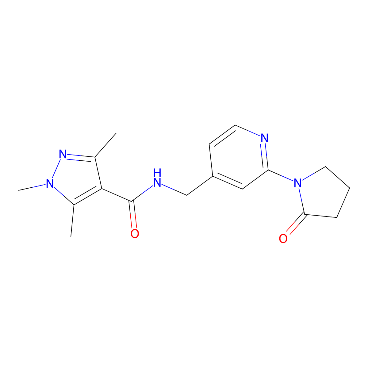 1,3,5-trimethyl-N-((2-(2-oxopyrrolidin-1-yl)pyridin-4-yl)methyl)-1H-pyrazole-4-carboxamide molecular structure, CAS 2034524-51-9