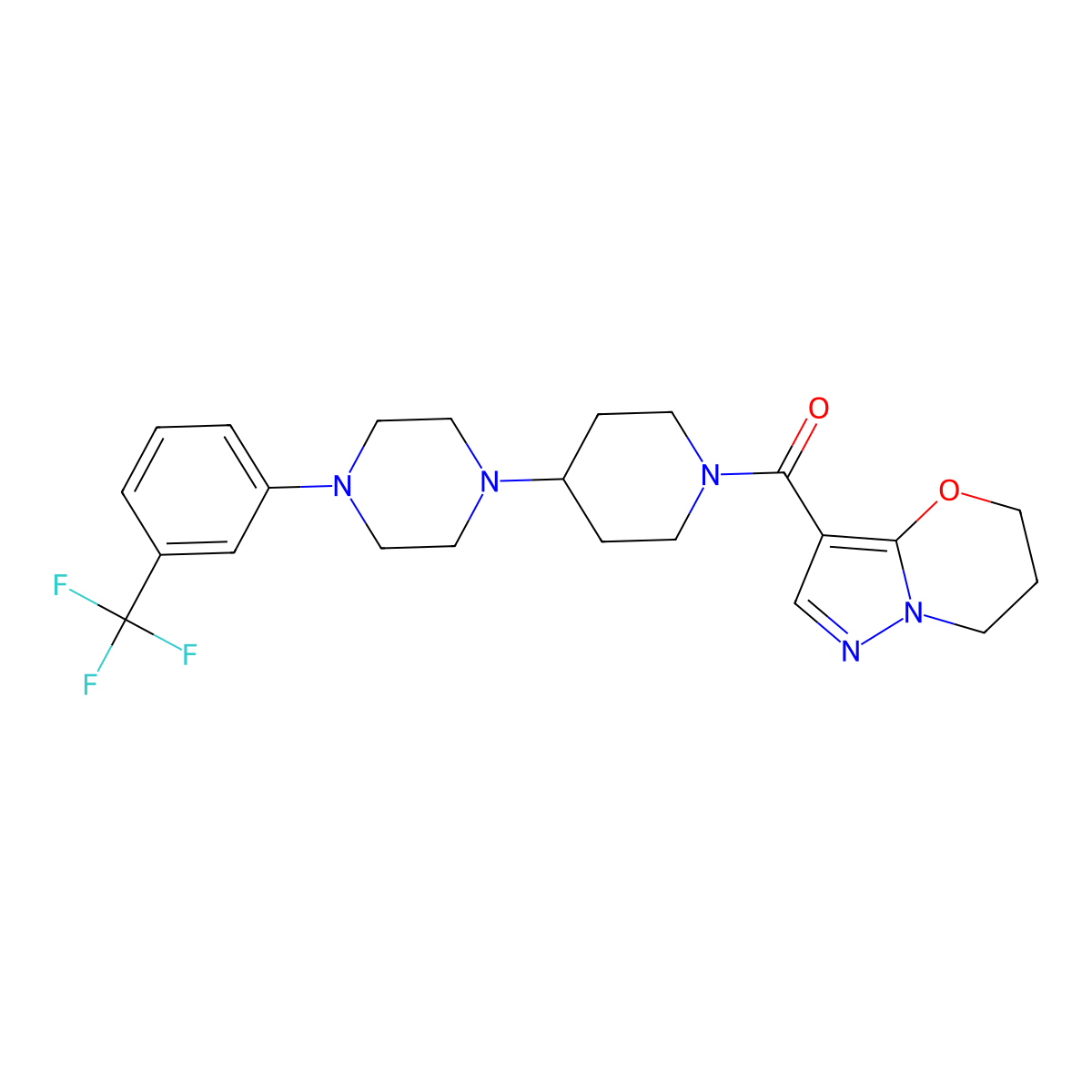 (6,7-dihydro-5H-pyrazolo[5,1-b][1,3]oxazin-3-yl)(4-(4-(3-(trifluoromethyl)phenyl)piperazin-1-yl)piperidin-1-yl)methanone molecular structure, CAS 2034524-52-0