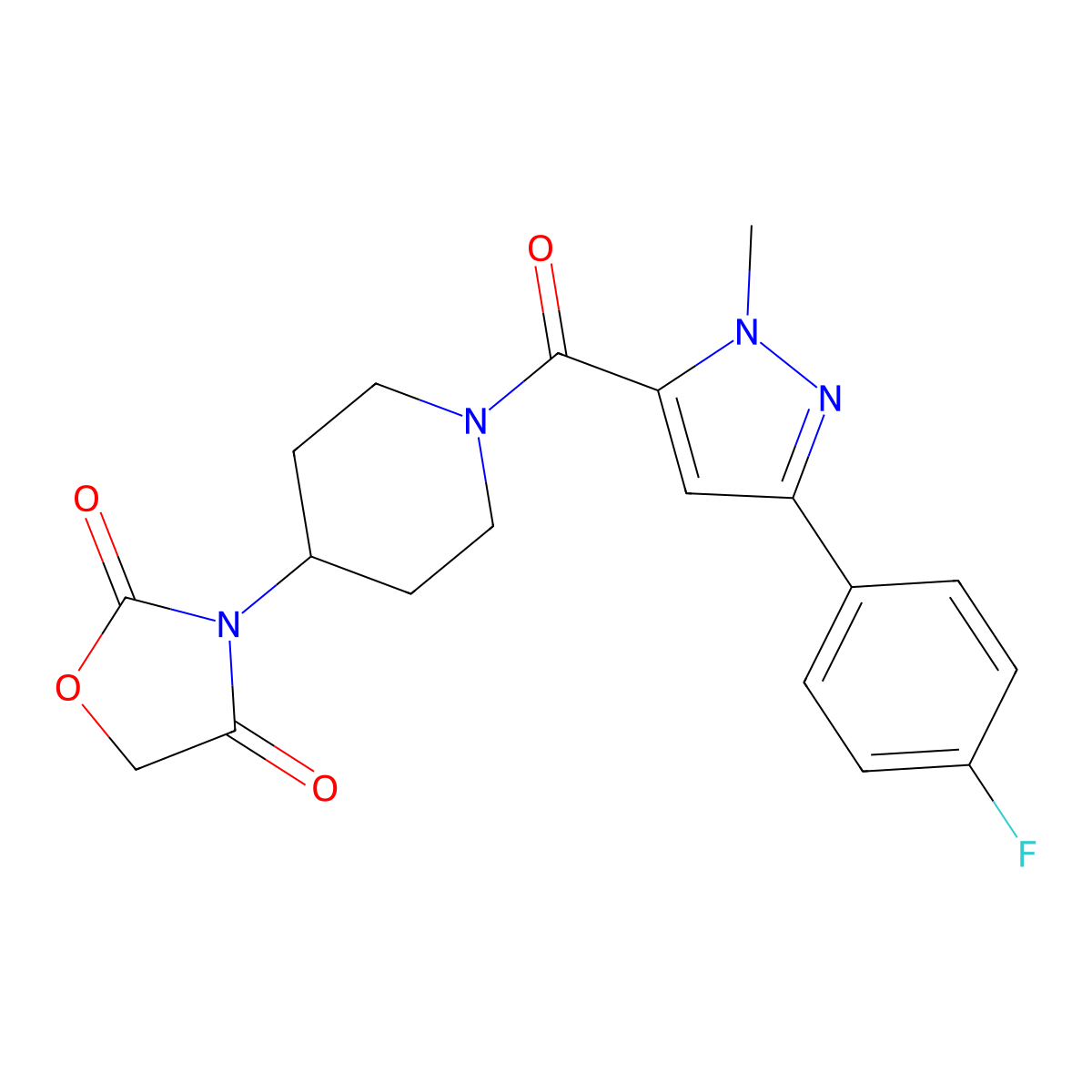 3-(1-(3-(4-fluorophenyl)-1-methyl-1H-pyrazole-5-carbonyl)piperidin-4-yl)oxazolidine-2,4-dione molecular structure, CAS 2034524-56-4